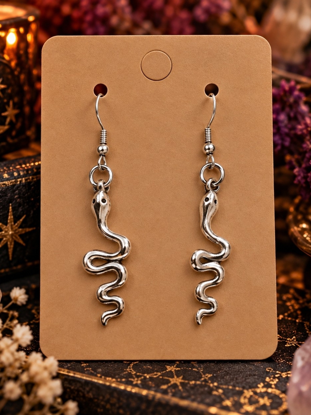 Brand New Silver-Tone Metal Snake Dangle Earrings